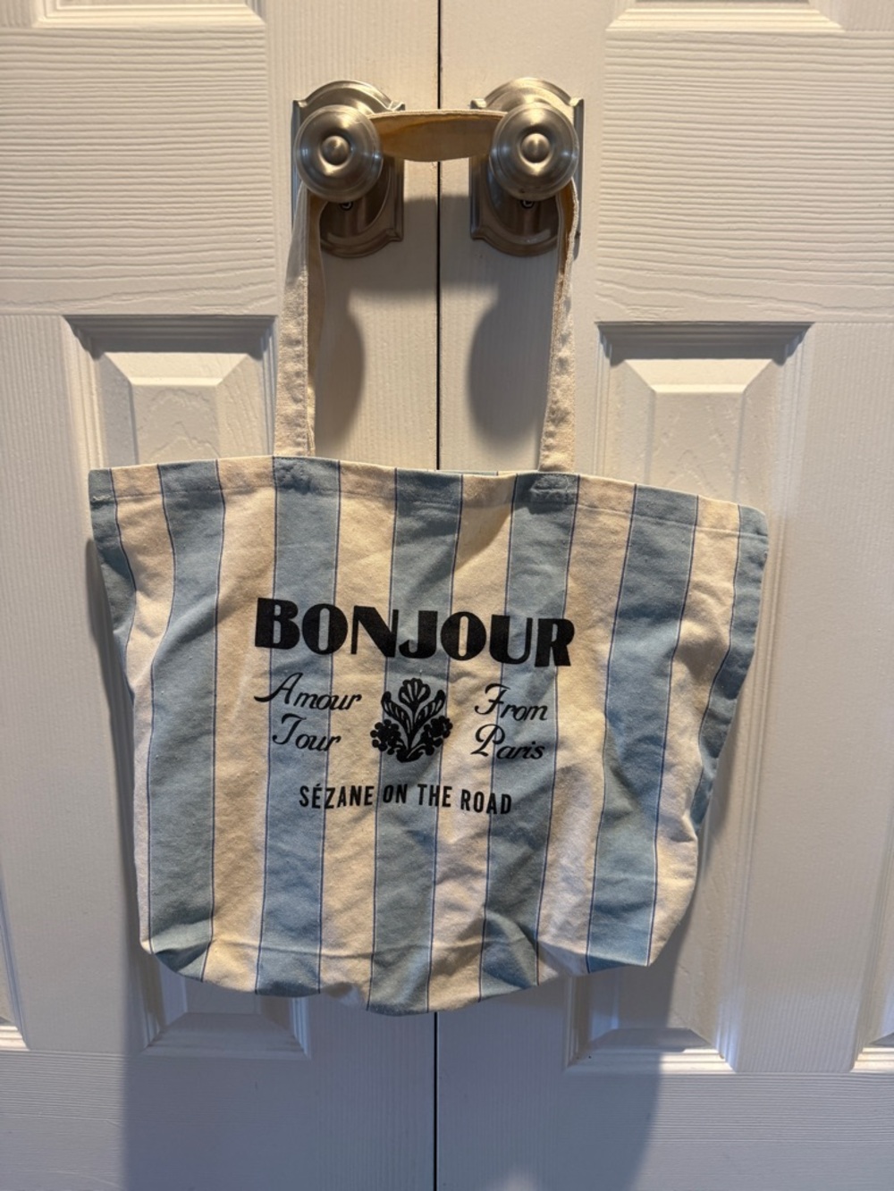 Sezane Striped Canvas Tote in Blue and Cream